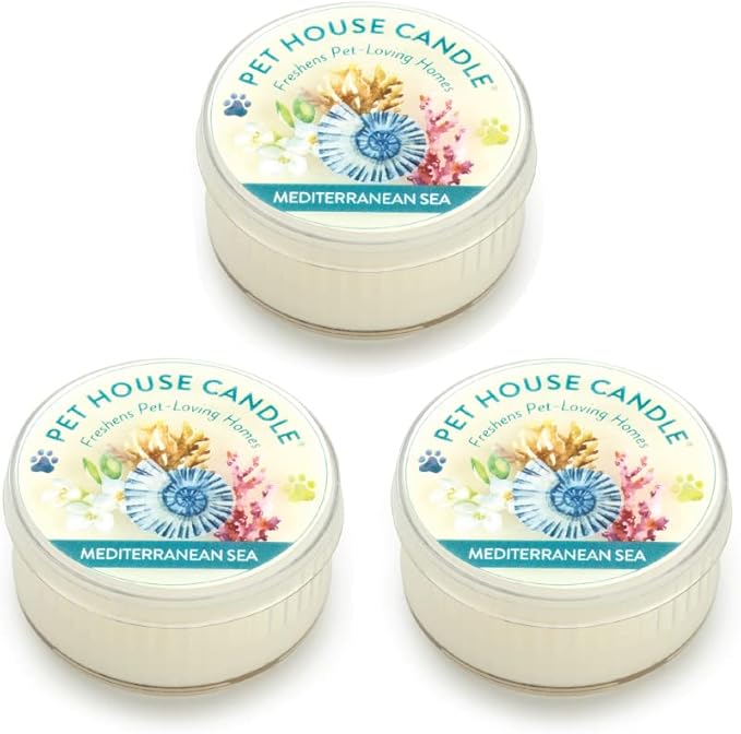 Pet House Mini Candles for Pet Odor Made with Natural Soy Wax, Plant Based, Dog and Cat Friendly Scented Candles, Mediterranean Sea Pack of 3