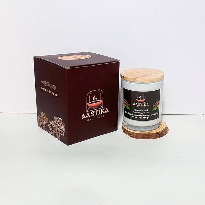 Aastika-Sandalwood 100% Organic Soy Wax Candle – Scented, Aromatherapy Jar Candle, 5 oz