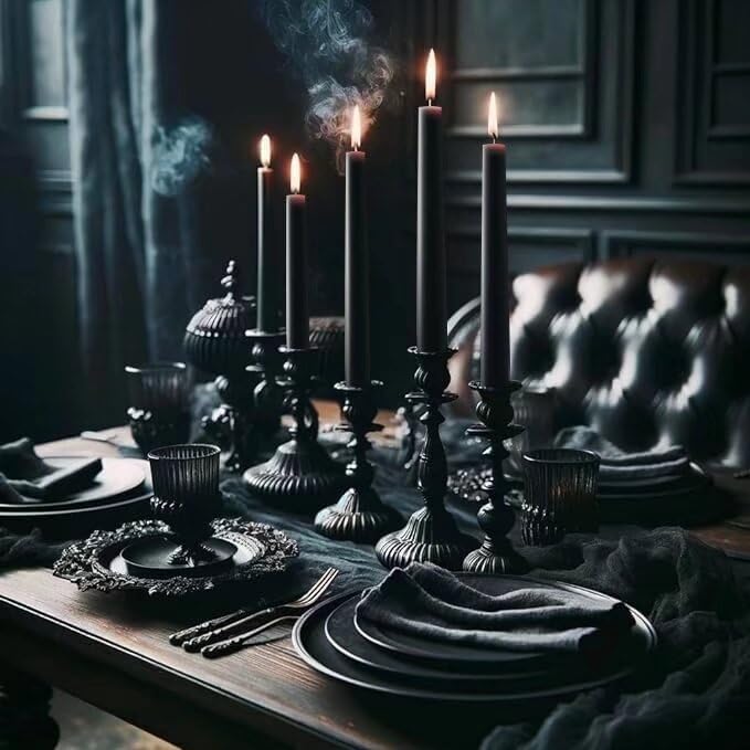12-Inch Tall Dripless Taper Candles Set of 4 - Black Tapered Candles, Perfect for Halloween - Smokeless, Unscented, Long Burning - Hand Poured, Colored Tall Candlesticks - negras