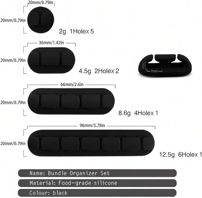 Multi-Purpose Cable Management System, Silicone Wire Organizer Clips Set, Black, 9-Piece Kit with 4 Sizes, Desktop and Office Cable Holder for Charging, Data, Network, Audio Cables