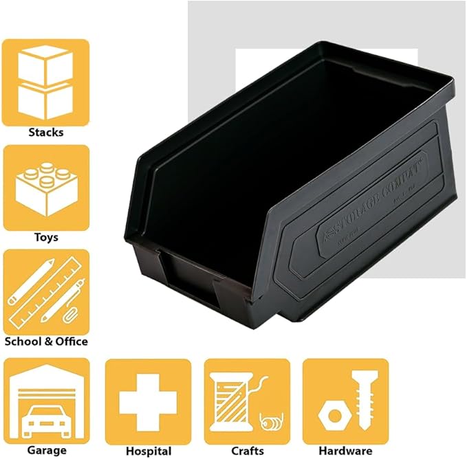 Plastic Storage Bins, Hanging, Stackable, Storage Organizer Bin for Warehouses, Workshops 7-Inch x 4-Inch x 3-Inch (Black, 50-Pack)