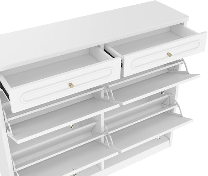 Wooden Shoe Cabinet with 4 Flip Drawers 2 Storage Drawers Farmhouse Style Shoe Organizer for Classified Storage Black (Light White)