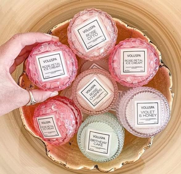 Voluspa Rose Colored Glasses, Mini Macaron Candle, 1.8 Ounce, 15 Hour Burn Time, Coconut Wax for Clean Burning, Handcrafted in The USA