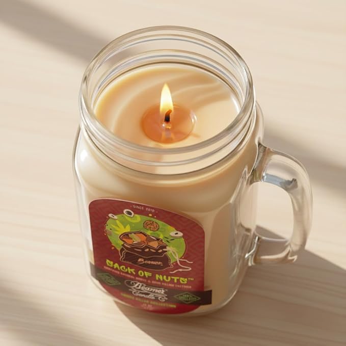 Sack of Nuts Candle – Odor Eliminating, Strong Scent – Roasted Mixed Nuts – Long Lasting 90 Hour Burn – Large 12oz Mason Jar – Made in USA – Beamer Candle Co.