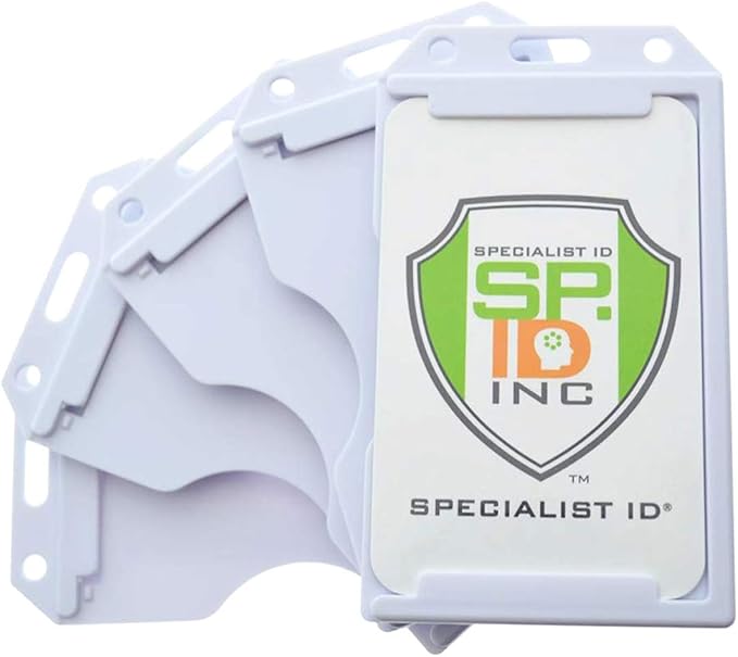 5 Pack - Heavy Duty 2-Sided Rigid Multi Card Holder - Hard Plastic Vertical ID Badge Holders for 2 Standard or Thick Prox Cards, Fuel Card, CAC, Work Badge, or Credit Cards by Specialist ID (White)