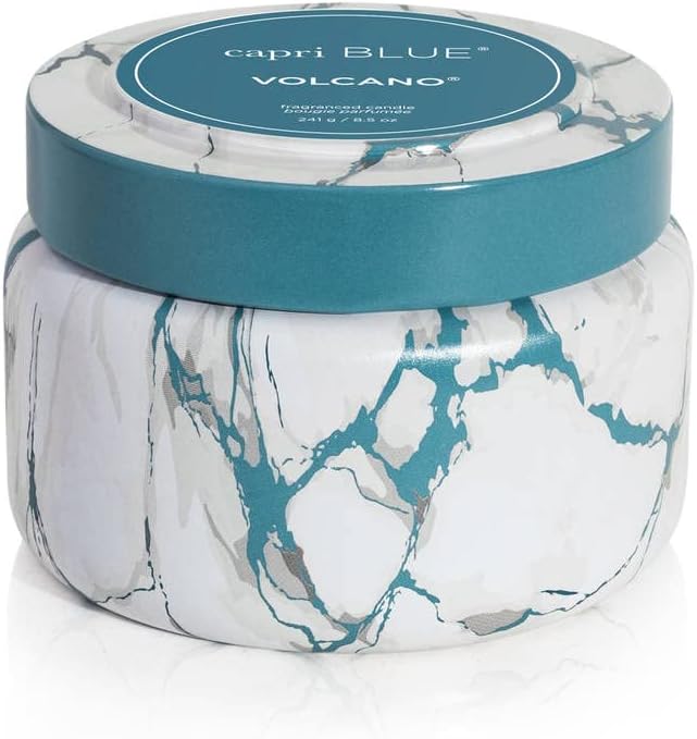 Capri Blue Modern Marble Printed Travel Tin Jar Candles - Luxury Decorative Candle for Home Scented - Long Lasting Soy Wax Blend - Volcano (8.5 oz)