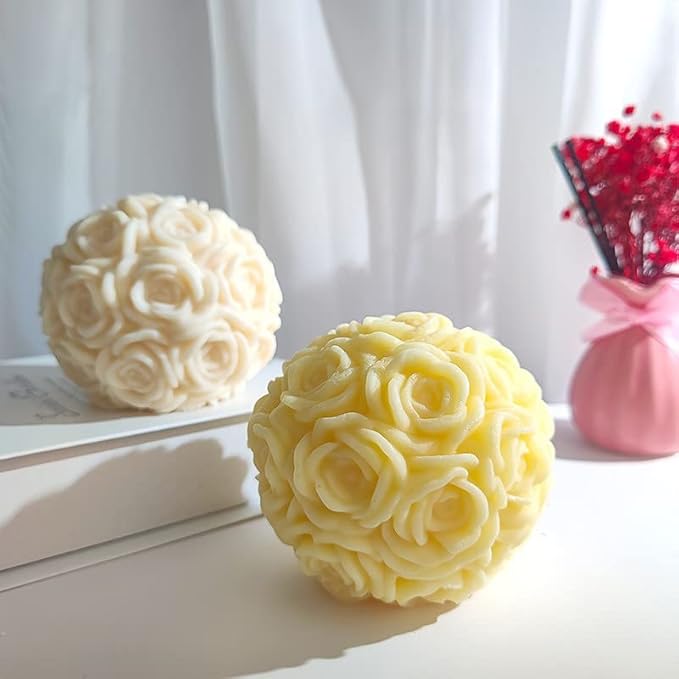 Cestony Valentine's Day 3D Large Rose Ball Candle Silicone Molds for Making Candle Resin Pillar Aromatherapy Gypsum Candles Wax Soap Flower Specimen Clay Craft