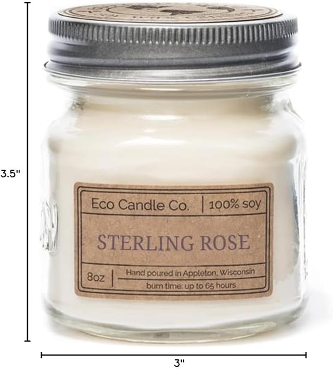 Eco Candle Co. Mason Jar Candle, Sterling Rose, 8 oz. - Scents of Green Notes, Fresh Cut Roses, Floral, & Musk - 100% Soy Wax, No Lead, Kraft Label & Antiqued Pewter Lid, Hand Made, Midwest Soybeans