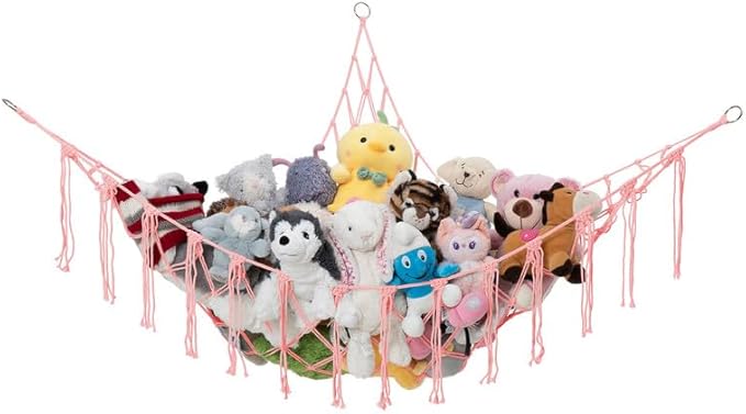Lilly's Love Stuffed Animal Storage Macrame Hammock, Large - Boho Room Decor Toy Storage - Corner Hanging Plushie Stuffed Animal Net Organizer (Light Pink)