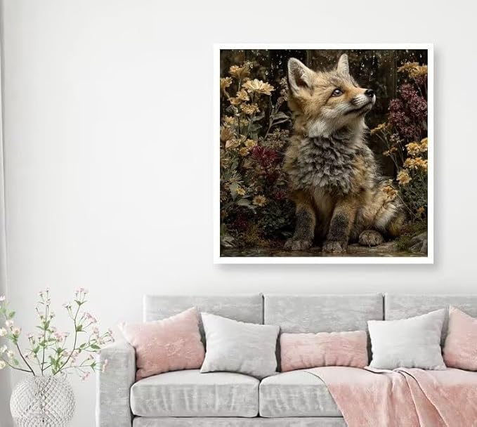 Diamond Art Kits for Adults Fox Diamond Painting Kit Flower, DIY Crafts for Adults 5D Full Square Drill Gem Art Embroidery Cross Stitch Painting Kit for Wall Decor, Birthday Girl 31.5x31.5inch S-7F58