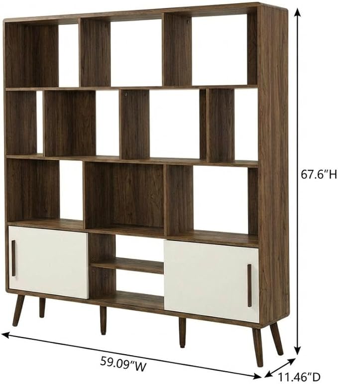 Furnifact Walnut Linen Bookcase with Sliding Doors, 59-Inch Tall Storage Cabinet, Modern Design, Durable Construction, Stylish Home and Office Organization