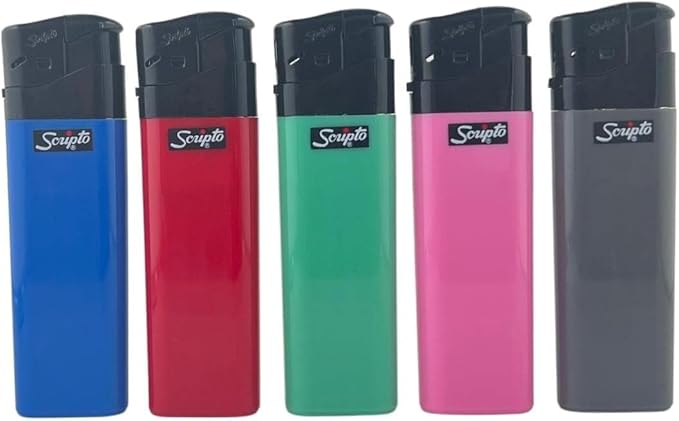 Scripto Electronic Lighters with Lighter Leash, Push Button Assorted Colors, Pack of 5 Lighters and 1 Original Leashes