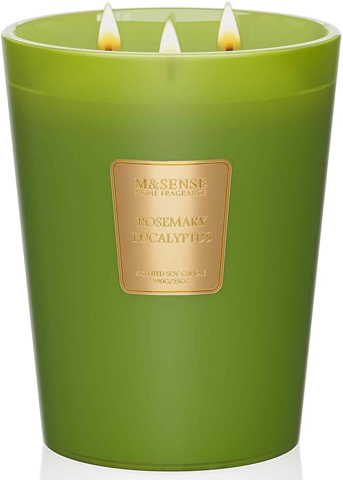 M&SENSE Rosemary Eucalyptus Soy Large Candles, 3-Wick 35oz 150H Slow Burning, Aromatherapy Candle for Bathroom Freshness Winter Housewarming