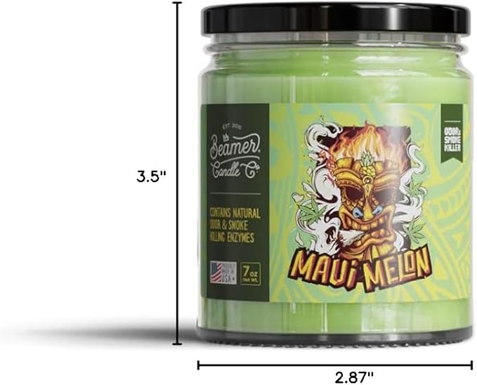 Beamer Candle Co. - Maui Melon Candle – Sweet Tropical Melon Scent – Notes of Tropical Fruit, Cucumber, Musk - Odor Eliminating - High Fragrance - Medium 7oz Glass Jar - 55 Hour Burn Time