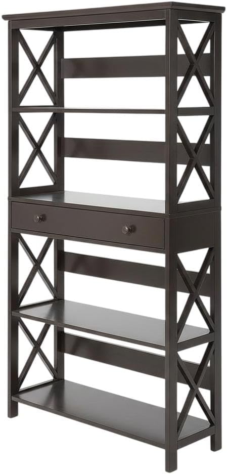 Furnifact Espresso 5-Tier Bookcase with Drawer, Durable Particle Board and Non-Lead Base Paint, Stylish Storage Solution for Home or Office, Modern Design