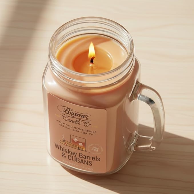 Whiskey Barrels & Cubans Candle – Odor Eliminating, Strong Scent – Whiskey Barrels & Tobacco – Long Lasting 90 Hour Burn – Large 12oz Mason Jar – Made in USA – Beamer Candle Co