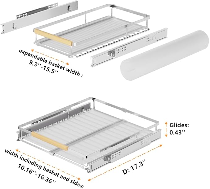 Cabinet Pull Out Shelf, Expandable Bottom-Mounted Slide Out Storage Shelves, Pots and Pans Organizer Under Sink Storage Organizer, 10.16''-16.36''W x 17.3''D, 3 Pack
