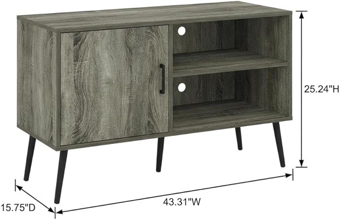 Furnifact Grey French Oak Mid Century Style TV Stand, Wood Legs, One Cabinet, Two Shelves, Elegant Wooden Finish, Durable, Contemporary Design