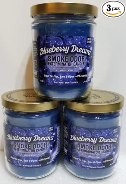 Smoke Odor Exterminator 13oz Jar Candle, Blueberry Dreamz Three Pack.