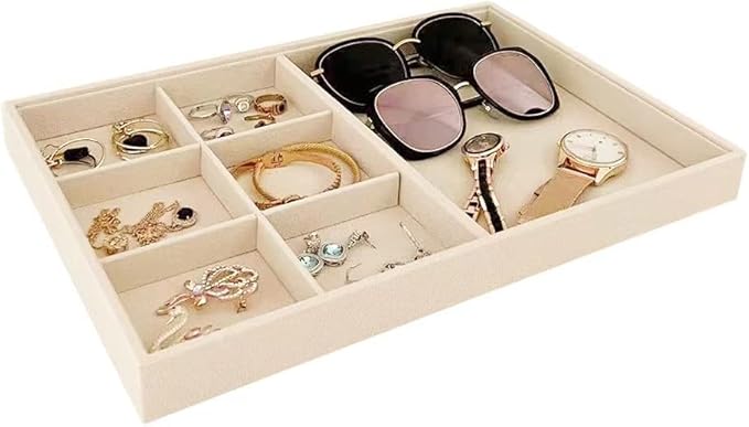 Large Light Beige Premium Quality Velvet Jewelry Display Box Tray Stackable Practical Trade Show Home Store Drawer Divder Closet Organization