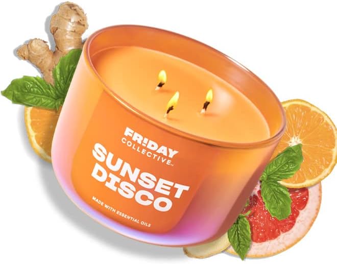 Friday Collective Sunset Disco Candle Citrus Scented Made with Essential Oils 3 Wicks 13.5 oz