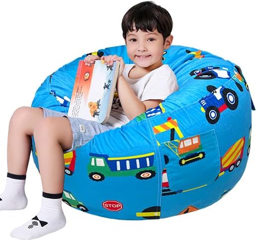 Lukeight Construction Stuffed Animals Storage Bean Bag Chair Cover Only (Ships Empty, No Filling) - Velvet YKK Zipper Beanbag Cover for Toddlers Kids, Washable Plush Toy Organizer, Large 27" D x 16" H