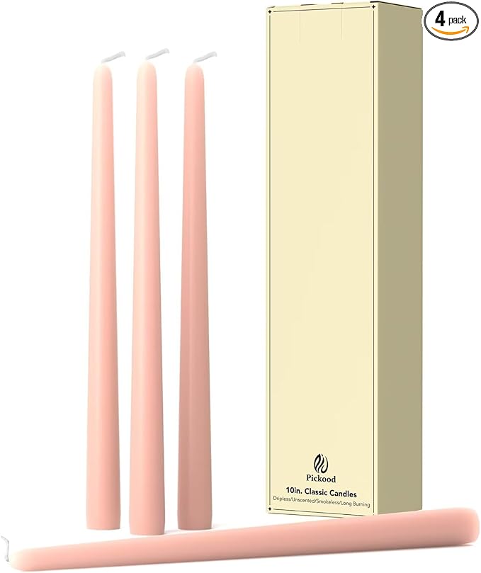 10-Inch Tall Dripless Taper Candles Set of 4 - Pearl Pink Tapered Candles, Perfect for Christmas - Smokeless, Unscented, Long Burning - Hand Poured, Colored Tall Candlesticks - Rosa Perla
