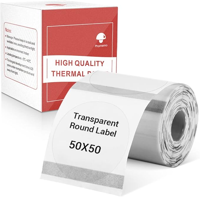 Phomemo Transparent Round Labels Compatible with Phomemo M110 M220 M200 M120 M150 M250 M260 M108 M100 Label Printer, 1.96" x 1.96" (50x50mm) 140 Labels, Clear Thermal Labels