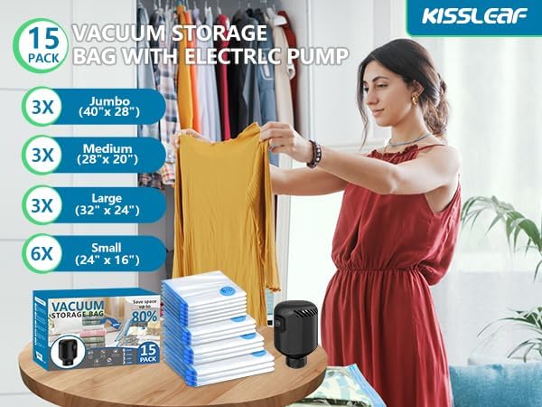 kissleaf 15 Pack Vacuum Seal Bag for Clothing with Electric Air Pump,Space Saver Vacuum Storage Bags for Clothes,Mattress, Blanket, Duvets, Pillows(3 Jumbo/3 Large/3 Medium/6 Small Bags)
