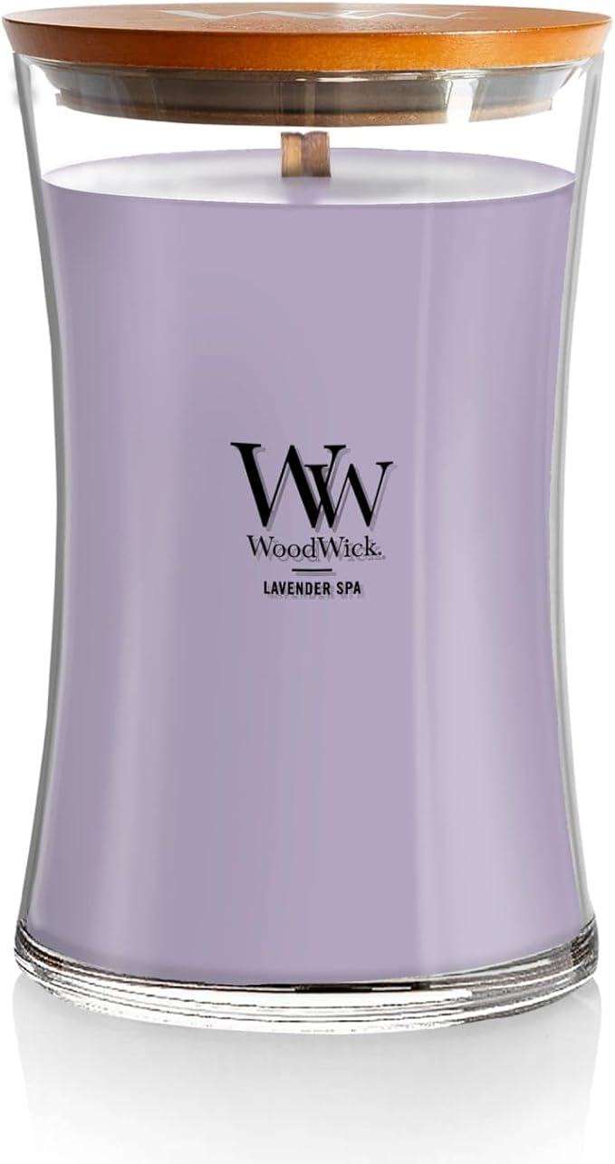 WoodWick Lavender Spa Gifts for Women and Men, 21.5 oz Large Hourglass Candle with Crackling Wick