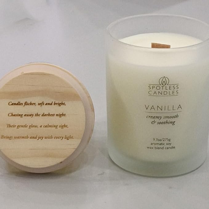 Vanilla Candle 9.7 oz: 55 Hrs Burn Time - Vanilla Scented Candles in Frosted Glass Jar with Wooden Crackling Wick in a Luxurious Gold Foil Lined Gift Box