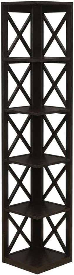 Furnifact Espresso 5-Tier Corner Bookcase with Durable Non-Lead Base Paint, Space-Saving Design for Home or Office Storage, Modern and Easy to Access