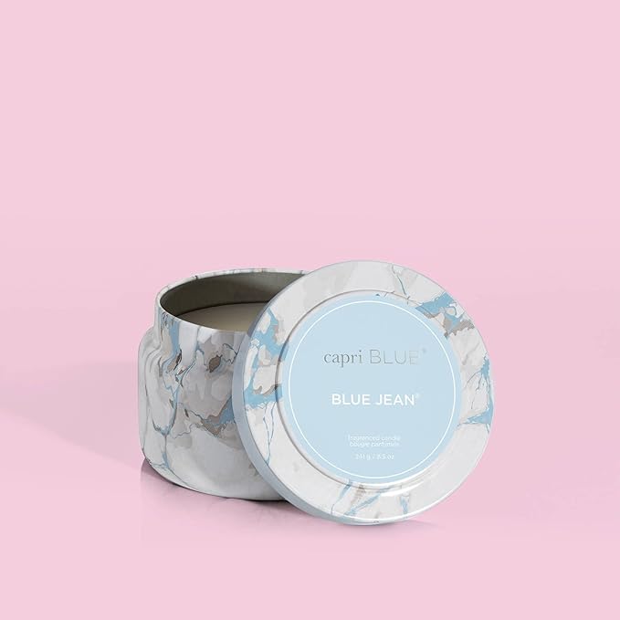 Capri Blue Modern Marble Printed Travel Tin Jar Candles - Luxury Decorative Candles for Home Scented - Long Lasting Soy Wax Blend - Blue Jean (8.5 oz)