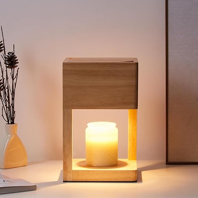 Candle Warmer Lamp,Electric Candle Lamp Warmer with Timer and Adjustable Brightness Automatic Shut-Off,Candle Heat lamp for Canned Candles,ith 2 Bulbs.（Wood）