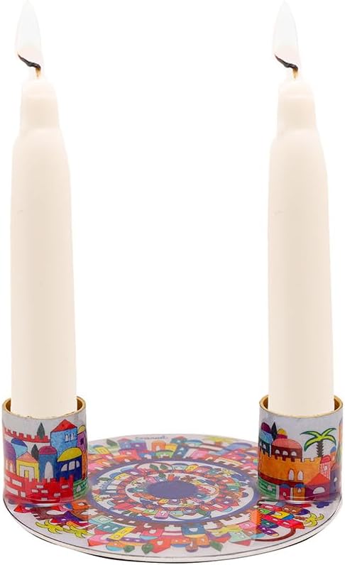 Yair Emanuel Flat Plate Candle Holders for Shabbat 4 Inch Vibrant Pattern Design Modern Judaica Gift (CSE-3 Jerusalem)