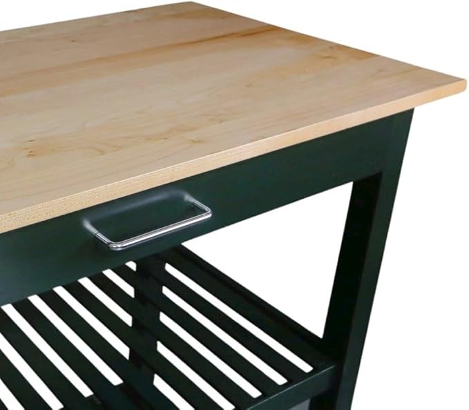 Furnifact Solid Wood Kitchen Island with Drawer, 2 Open Shelves, Hunter Green Base and Natural Top, Island Table for Kitchen Storage and Food Prep