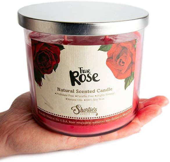 True Rose Highly Scented Natural 3 Wick Candle, Essential Fragrance Oils, 100% Soy, Phthalate & Paraben Free, Clean Burning, 14.5 Oz.