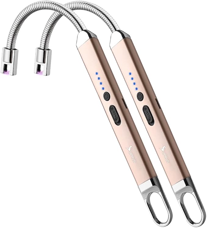 SUPRUS Rechargeable USB Arc Electric Lighetrs with Safety Switch 360° Flexible Neck Flameless Grill Long Lighters for Candle Camping Cooking (Champagne Gold, 2Packs)
