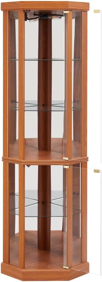Corner Lighted Glass Curio Cabinet for Living Room Space Saving Vertical Tall Display Case with Light for Antique Wine Bar Glass Storage (Dark Oak)