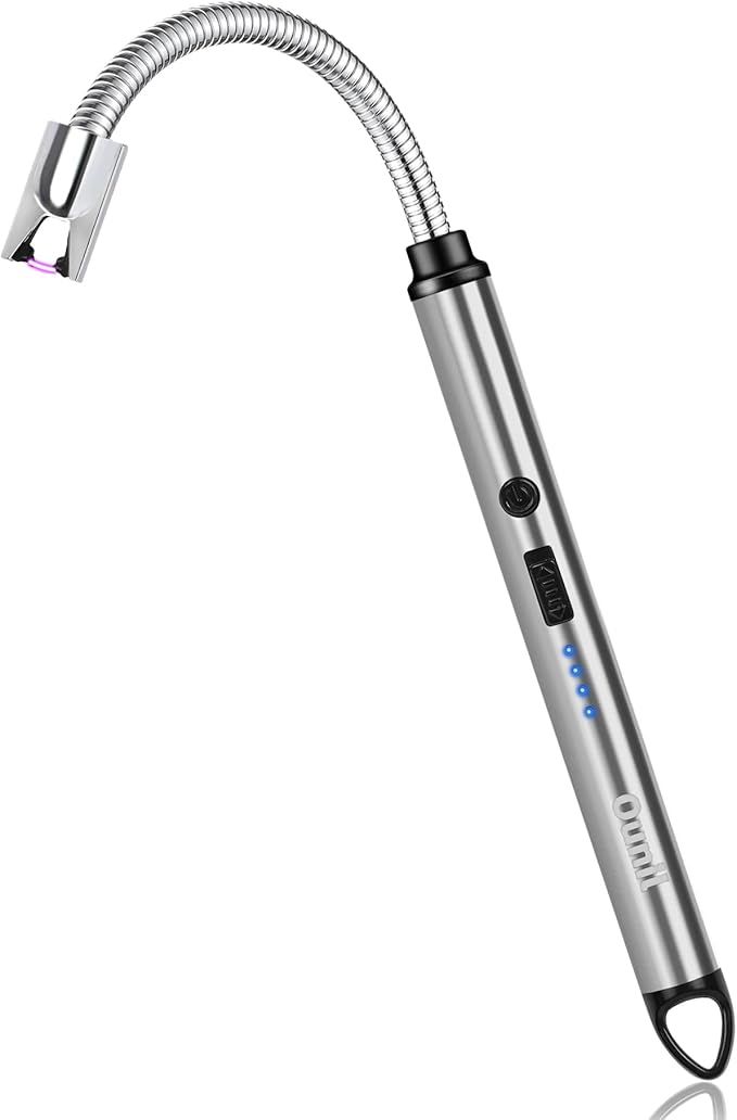 Ounil Electric Lighter Candle lighters USB Rechargeable Type-C Windproof Flameless arc Lighter LED Battery Display, Suitable for Light Candle Firework BBQ Camping (Silver