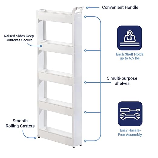 Miles Kimball 5 Tier Slim Cart, White, Durable Plastic, Easy Assembly, Holds Up to 6.5 lbs