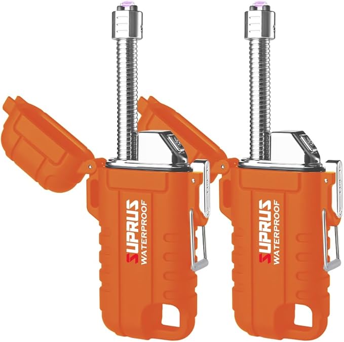 SUPRUS Waterproof Lighter Windproof Lighter Arc Plasma Lighters USB-C Rechargeable with Expandable and Flexible Neck for Outdoor, Camping & Kitchen (Orange, 2Packs)