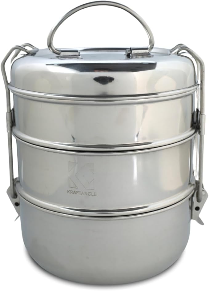 Indian-Tiffin Stainless Steel 3 Tier Large Lunch Box Snack Box/Food Container Airtight Leak Proof 3 Compartment Suitable for Office Use, Outdoor Lunches/Dining