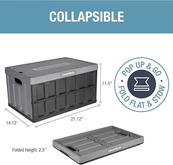 CleverMade Collapsible Storage Bins with Lids (46L, 3 Pack) – Stackable Foldable Plastic Storage Crates for Home, Closet & Trunk Organization - Stone