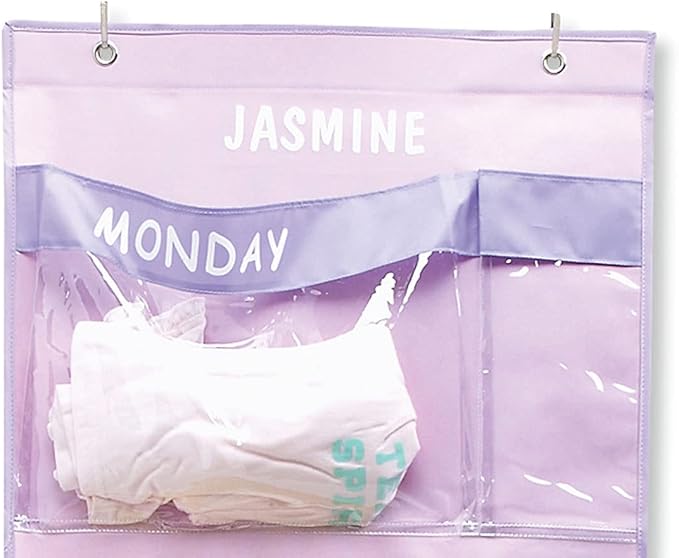 Lillian Vernon Pastel Colors Days Of The Week Hanging Clothing Organizer – Personalize With Name, Weekly Monday-Friday Over Door Weekday Kids Clothes Storage System, Sturdy Pastel Poly, 19-1/2" x 62"