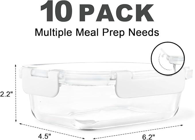 KAMOTA Glass Food Storage Containers, 10 Pack Glass Meal Prep Containers, Airtight Containers with Snap-Lock Lids, 22 oz White Container Set with Lids, for Microwave/Oven/Freezer/Dishwasher