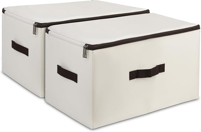 iwill CREATE PRO Folding Lidded Storage Bins with Lockable Zip & Label Pocket & Handles, Compatible for Most Closet Shelves Wardrobe Storage Organizer, Beige,2pcs