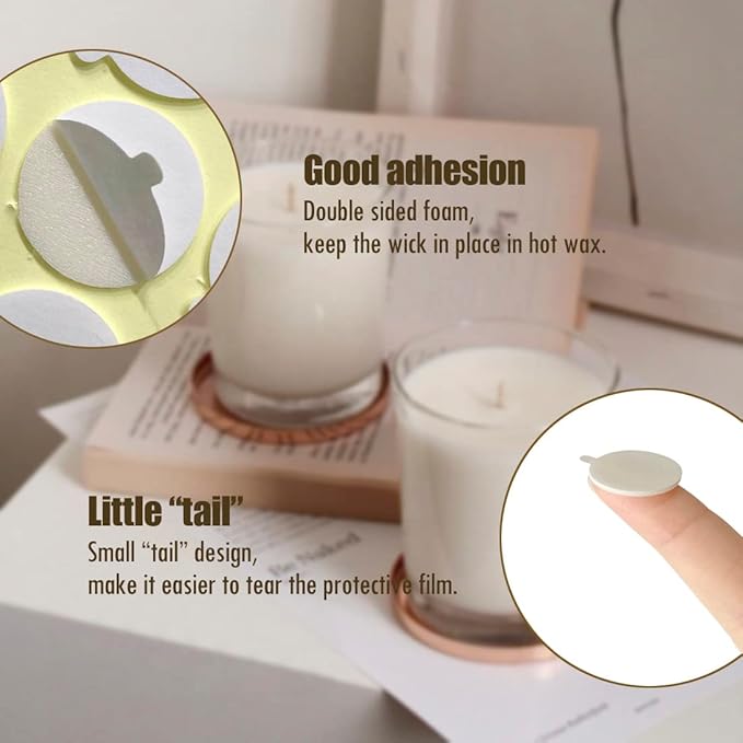 HANWER 240 PCS Double-Sided Candle Wick Stickers, Heat-Resistant Candle Stickers with The Little ‘‘Tail’’, Adhere Steady in Hot Wax Stickers for Candle Making