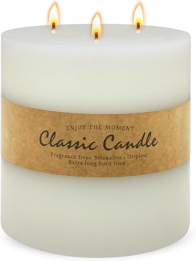 Large 3-Wick Ivory Pillar Candle - 6x6 Inch Dripless & Smokeless Unscented Fat Candle, 120 Hour Long Burning Hand-Poured Thick Candle with Cotton Wicks