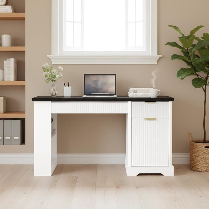 Modern Fluted Office Desk with Storage Cabinet Drawers Power Outlet Pegboard Built-in Shelves Keyboard Tray for Home Office Study Living Room (White)